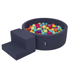KiddyMoon Spielplatz aus Schaumstoff mit Rund Bällebad (200 Bälle) Ballgruben für Babys Spielbad Hindernisläufen, Hergestellt in der EU, dunkelblau:helgrün/gelb/türkis/orange/dpink/violet, Bällebad (100 Bälle) + Stüfchen
