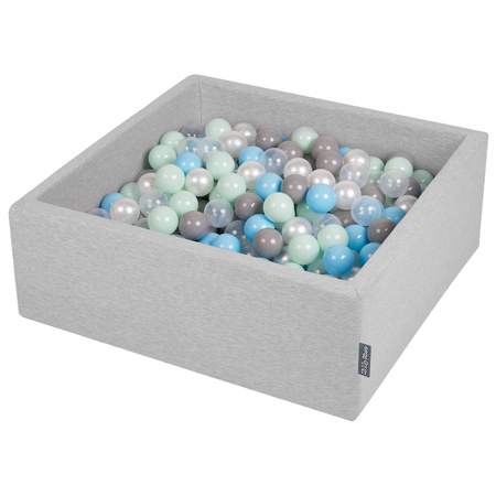 KiddyMoon Bällebad Bällepool mit bunten Bällen ∅ 7Cm  für Babys Kinder Quadrat, hellgrau:perle/grau/transparent/baby blau/mint