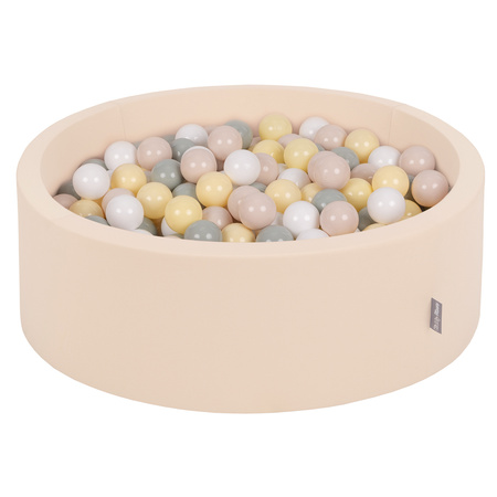KiddyMoon Rundes Bällebad mit Bällen für Baby aus Schaumstoff, beige:pastellbeige/grüngrau/pastellgelb/weiß, 90 x 30 cm 300 Bälle