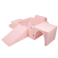 KiddyMoon Spielplatz aus Schaumstoff mit Quadrat Bällebad Bälle Hindernisläufen, pink:puderrosa/perle/transparent, Bällebad (300 Bälle) + Version 3