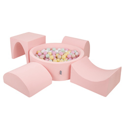 KiddyMoon Spielplatz aus Schaumstoff mit Rund Bällebad (300 Bälle) Ballgruben für Babys Spielbad Hindernisläufen, Hergestellt in der EU, pink:pastellbeige/pastellgelb/weiß/minze/puderrosa, Bällebad (300 Bälle) + Version 1
