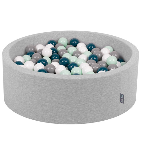 KiddyMoon Bällebad Bällepool mit bunten Bällen ∅ 7Cm  für Babys Kinder Rund, hellgrau:dunkeltürkis/grau/weiß/minze, 90 x 30 cm 200 Bälle