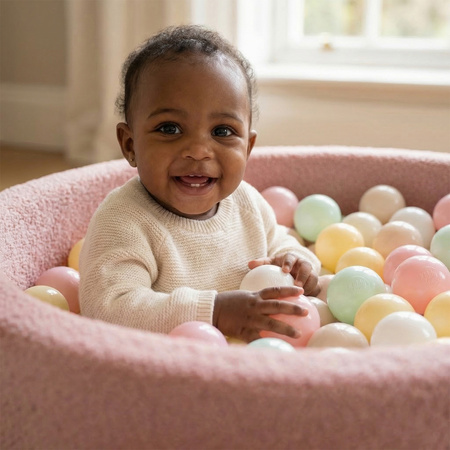 KiddyMoon Bällebad für Baby mit Teddy-Plüsch, Größere 7 cm Bälle für Eine Vollere Füllung, ab 8 Monaten, Abnehmbarer Bezug, Rosa: Pastellbeige/Weiß/Perle, 90 x 30 cm 200 Bälle