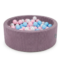 KiddyMoon Bällebad für Kinder aus Schaumstoff, weicher Rippbezug, abnehmbarer Bezug, waschbar, Violett: Babyblau/Puderrosa/Perle, 90 x 30 cm 200 Bälle