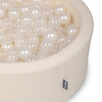 KiddyMoon Bällebad für Baby mit Teddy-Plüsch, Größere 7 cm Bälle für Eine Vollere Füllung, ab 8 Monaten, Abnehmbarer Bezug, Creme: Perle/Transparent, 90 x 30 cm 200 Bälle