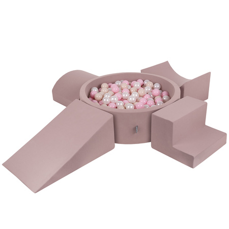KiddyMoon Spielplatz aus Schaumstoff mit Bällebad und Bällen Hindernisläufen, erikafarben:pastellbeige/puderrosa/perle, Bällebad (200 Bälle) + Version 5