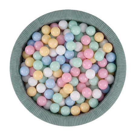 KiddyMoon Bällebad für Kinder aus Schaumstoff, weicher Rippbezug, abnehmbarer Bezug, waschbar, Grün: Pastellblau/Pastellgelb/Weiß/Minze/Puderrosa, 90 x 30 cm 200 Bälle