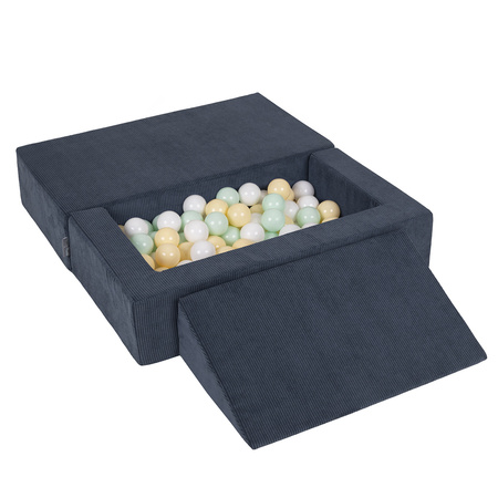 KiddyMoon Kindersofa Modular mit Weichem Zwickel und Bällen Für Kinderzimmer Bequem Vielseitig Gerippter Stoff Abnehmbarer Bezug Perfekt zum Spielen und Entspannen, dunkelblau: pastellgelb/weiß/minze, Sofa/Zwickel + 100 Bälle
