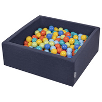 KiddyMoon Bällebad Bällepool mit bunten Bällen ∅ 7Cm  für Babys Kinder Quadrat, dunkelblau:hellgrün/orange/türkis/blau/bblau/gelb, 90x30cm/200 Bälle