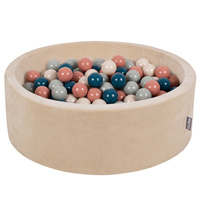 KiddyMoon Rundes Bällebad Schaumstoff Velvet Sensorik Spielzeug, Sandbeige: Dunkeltürkis/Pastellbeige/Grüngrau/Lachsfarbe, 90 x 30 cm 300 Bälle