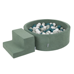 KiddyMoon Spielplatz Velvet Aus Schaumstoff Mit Samt Rund Bällebad Ballgruben Für Babys Spielbad Hindernisläufen, Hergestellt In Der EU, dunkeltürkis/grüngrau/weiß, Bällebad (100 Bälle) + Stüfchen
