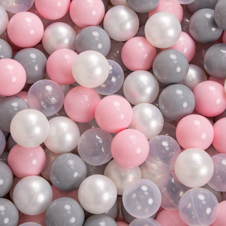 KiddyMoon Bällebad Bällepool mit bunten Bällen ∅ 7Cm  für Babys Kinder Rund, dunkelgrau:perle/grau/transparent/rosa, 90x30cm/300 Bälle