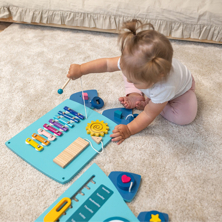 KiddyMoon Busy Board Montessori Motorikbrett Kinder Holz Dinosaurierform Lernspiel, dunkelblau, Einheitsgröße