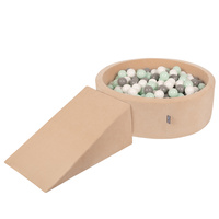 KiddyMoon Spielplatz Velvet  Aus Schaumstoff Mit Samt Rund Bällebad Ballgruben Für Babys Spielbad Hindernisläufen, Hergestellt In Der EU, sandbeige:weiß/grau/minze, Bällebad (100 Bälle) + Zwickel