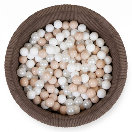 KiddyMoon Bällebad für Kinder aus Schaumstoff, weicher Rippbezug, abnehmbarer Bezug, waschbar, Braun: Pastellbeige/Weiß/Perle, 90 x 30 cm 200 Bälle