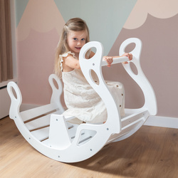 KiddyMoon Rocker Bogen Wippe aus Holz für Kinder, Kletterbogen Holz Wippe Babys Wippe, Holzbogen, Holzspielzeug Montessori Spielzeug, Modell WR-001, Weiß, 90,6x39x69 cm
