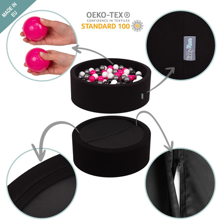 KiddyMoon Bällebad Bällepool mit bunten Bällen ∅ 7Cm  für Babys Kinder Rund, schwarz:weiß/schwarz/silbern/dunkelpink, 90x30cm/300 Bälle