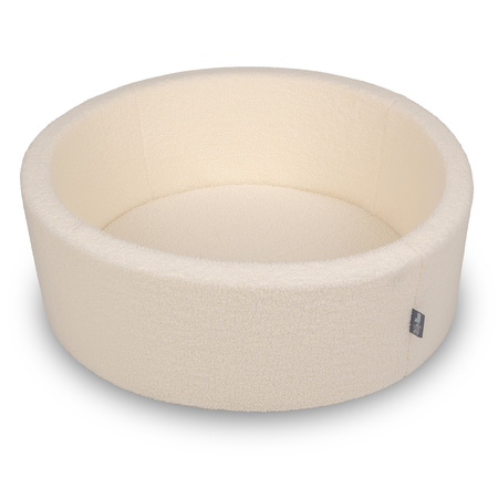 KiddyMoon Bällebad für Baby mit Teddy-Plüsch, Größere 7 cm Bälle für Eine Vollere Füllung, ab 8 Monaten, Abnehmbarer Bezug, Creme, 90 x 30 cm Ohne Bälle