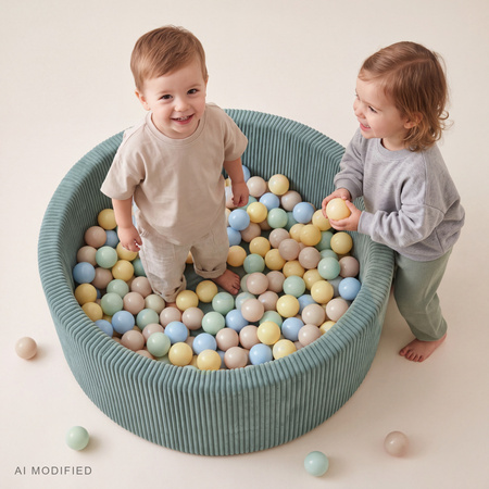 KiddyMoon Bällebad Für Kinder Aus Schaumstoff, 90 X 30 cm, Weicher Rippbezug, Abnehmbarer Bezug, Weiches Und Sicheres Spielzeug, Waschbar, grün:pastellbeige/pastellblau/pastellgelb/minze, 90x30cm/100 Bälle