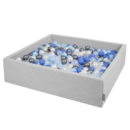 KiddyMoon Quadrat Bällebad Bällepool ∅ 7Cm Eckig Ballgruben Für Babys Spielbad Kleinkinder, Hergestellt in der EU, hellgrau: perle-blau-babyblau-transparent-silber, 120x30cm/200 Bälle