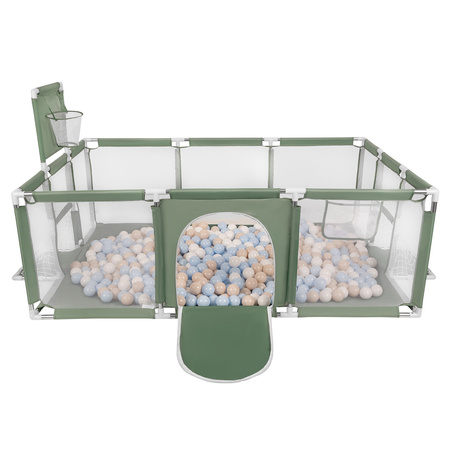 Laufstall Baby Großer Spielplatz mit Bällen Laufgitter für Kinder, grün:pastellbeige/pastellblau/weiß, 200 Bällen