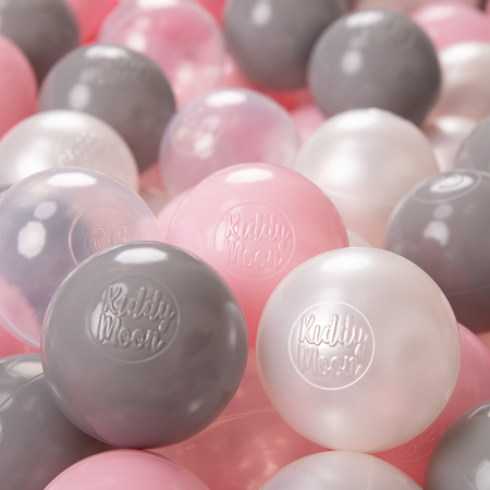 KiddyMoon Kinder Bälle für Bällebad Baby Plastikbälle Spielbälle ∅6cm Made in EU, perle/grau/transparent/puderrosa, 50 Bälle/6cm