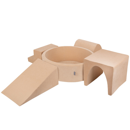 KiddyMoon Spielplatz Velvet Aus Schaumstoff Mit Samt Rund Bällebad Ballgruben Für Babys Spielbad Hindernisläufen, Hergestellt In Der EU, sandbeige:pastellbeige/lachsfarben/weiß, Bällebad (300 Bälle) + Version 3