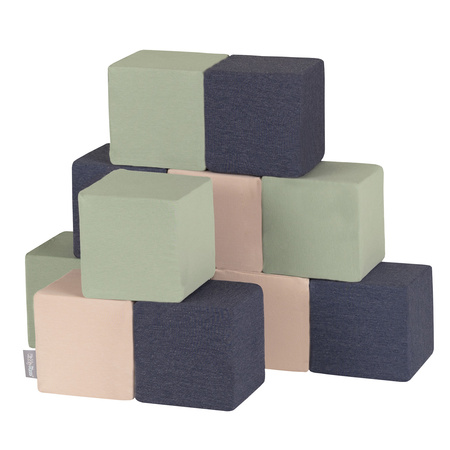 KiddyMoon Schaumstoff Würfel für Baby Weiche Blöcke Schaum Spielzeug Montessori-Spielzeug mit Schaum und viel Spaß für Kinder, Blöcke: dunkelblau-beige-salbeifarben, 12 Stücke