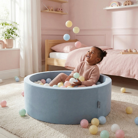 KiddyMoon Rundes Bällebad mit Bällen für Baby aus Schaumstoff, blau:perle, 90 x 30 cm 200 Bälle