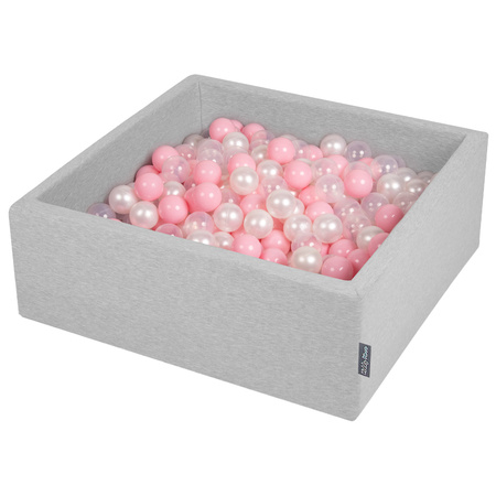 KiddyMoon Bällebad Bällepool mit bunten Bällen ∅ 7Cm  für Babys Kinder Quadrat, hellgrau:rosa/perle/transparent