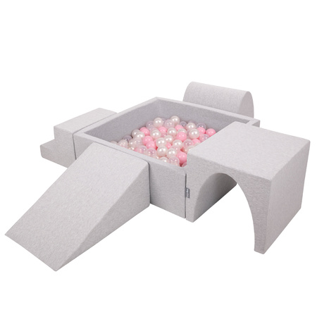 KiddyMoon Spielplatz aus Schaumstoff mit Quadrat Bällebad Bälle Hindernisläufen, hellgrau:puderrosa/perle/transparent, Bällebad (300 Bälle) + Version 3