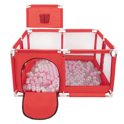 Laufstall mit Korb und Bällen Laufgitter für Kinder, Rot:puderrosa/perle/transparent, 100 Bälle