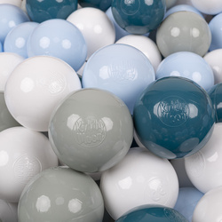 KiddyMoon Kinder Bälle für Bällebad Baby Spielbälle Plastikbälle ∅7cm Made in EU, dunkeltürkis/grüngrau/pastellblau/weiß, 100 Bälle/7cm