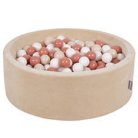 KiddyMoon Rundes Bällebad Schaumstoff Velvet Sensorik Spielzeug, Sandbeige: Pastellbeige/Lachsfarben/Weiß, 90 x 30 cm 300 Bälle