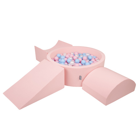 KiddyMoon Spielplatz aus Schaumstoff mit Bällebad und Bällen Hindernisläufen, pink:babyblue/puderrosa/perle, Bällebad (300 Bälle) + Version 4