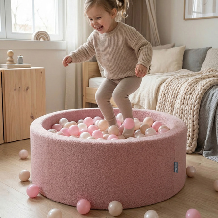 KiddyMoon Bällebad für Baby mit Teddy-Plüsch, Größere 7 cm Bälle für Eine Vollere Füllung, ab 8 Monaten, Abnehmbarer Bezug, Rosa: Pastellbeige/Weiß/Perle, 90 x 30 cm 200 Bälle