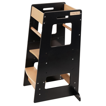 KiddyMoon Lernturm für Kinder ab 1 Jahr, Anti-Kipp-Schutz, 3-fach höhenverstellbar, Schutzbügel, Montessori Küchenhelfer, Schwarz/Natürlich, 91,5x39,3x49,4