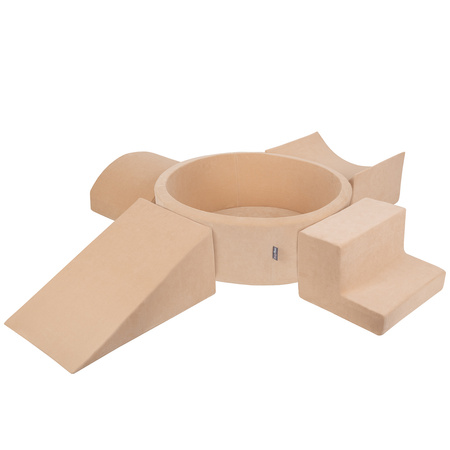 KiddyMoon Spielplatz Velvet Aus Schaumstoff Mit Samt Rund Bällebad Ballgruben Für Babys Spielbad Hindernisläufen, Hergestellt In Der EU, sandbeige:pastellbeige/puderrosa/perle/dunkelpink, Bällebad (300 Bälle) + Version 5