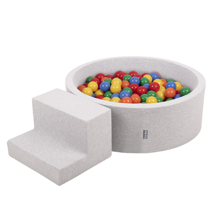 KiddyMoon Spielplatz aus Schaumstoff mit Rund Bällebad (200 Bälle) Ballgruben für Babys Spielbad Hindernisläufen, Hergestellt in der EU, hellgrau:gelb/grün/blau/rot/orange, Bällebad (100 Bälle) + Stüfchen
