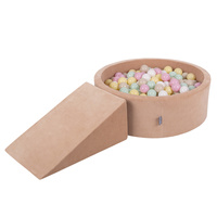 KiddyMoon Spielplatz Velvet Aus Schaumstoff Mit Samt Rund Bällebad Ballgruben Für Babys Spielbad Hindernisläufen, Hergestellt In Der EU, wüstenrosa: pastellbeige/pastellgelb/weiß/minze/puderrosa, Bällebad (200 Bälle) + Zwickel