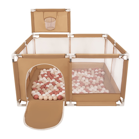 Laufstall mit Korb und Bällen Laufgitter für Kinder, beige:pastellbeige/lachsfarben/weiß, 200 Bälle