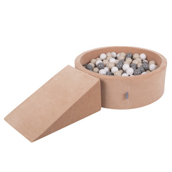KiddyMoon Spielplatz Velvet  Aus Schaumstoff Mit Samt Rund Bällebad Ballgruben Für Babys Spielbad Hindernisläufen, Hergestellt In Der EU, wüstenrosa: pastellbeige/grau/weiß, Bällebad (200 Bälle) + Zwickel