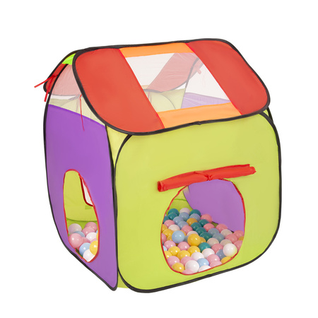 3in1 Spielzelt mit Tunnel Spielplatz PopUp Bällebad mit Bälle Für Kinder, Mehrfarbig:weiß/gelb/babyblau/puderrosa/türkis, 100 Bälle