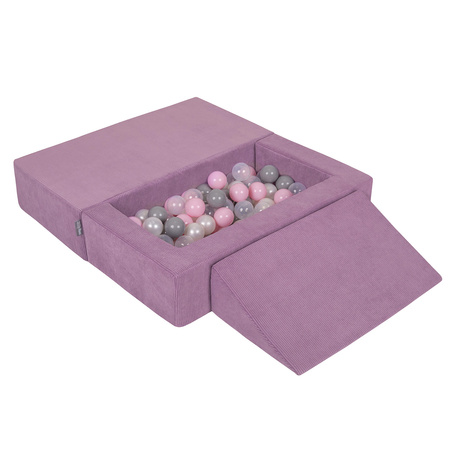 KiddyMoon Kindersofa Modular mit Weichem Zwickel und Bällen Für Kinderzimmer Bequem Vielseitig Gerippter Stoff Abnehmbarer Bezug Perfekt zum Spielen und Entspannen, violett: perle/grau/transparent/puderrosa, Sofa/Zwickel + 100 Bälle