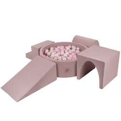 KiddyMoon Spielplatz aus Schaumstoff mit Bällebad und Bällen Hindernisläufen, erikafarben:pastellbeige/puderrosa/perle, Bällebad (300 Bälle) + Version 3
