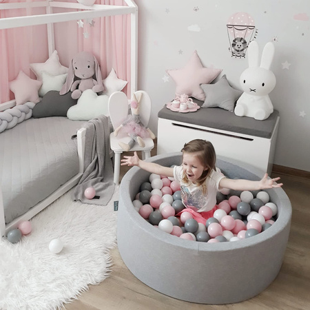 KiddyMoon Bällebad Bällepool mit bunten Bällen ∅ 7Cm für Babys Kinder Rund, hellgrau:dunkeltürkis/pastellblau/pastellgelb/weiß, 90 x 30 cm 200 Bälle