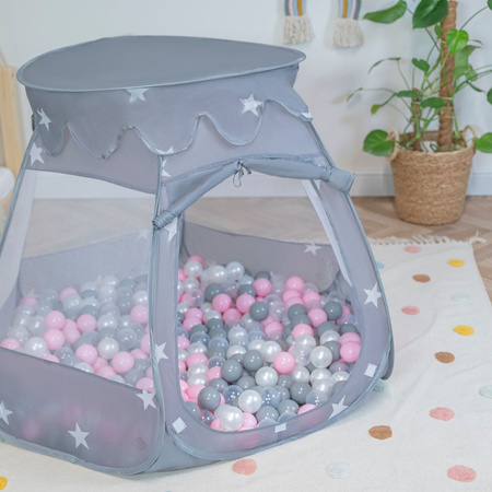 Baby Spielzelt Mit Plastikbällen Für Kinder Leicht und Kompakt ideal für Drinnen Und Draußen Fördert Sensorische Integration Schneller Aufbau, grau:perle-grau-transparent-puderrosa, 300 Stück