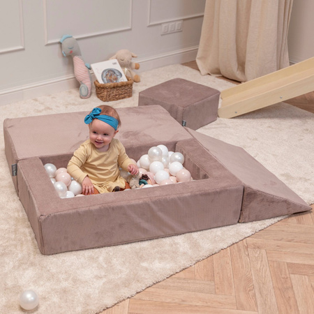 KiddyMoon Kindersofa Modular mit Weichem Zwickel und Bällen Für Kinderzimmer Bequem Vielseitig Gerippter Stoff Abnehmbarer Bezug Perfekt zum Spielen und Entspannen, dunkelbeige, Sofa/Zwickel