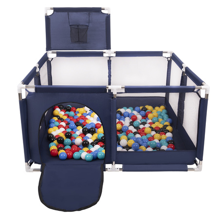 Laufstall mit Korb und Bällen Laufgitter für Kinder, Blau:schwarz/weiß/blau/rot/gelb/türkis, 100 Bälle