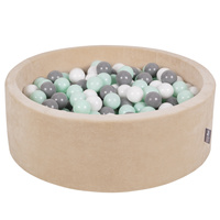 KiddyMoon Rundes Bällebad Schaumstoff Velvet Sensorik Spielzeug, Sandbeige: Weiß/Grau/Mint, 90 x 30 cm 200 Bälle